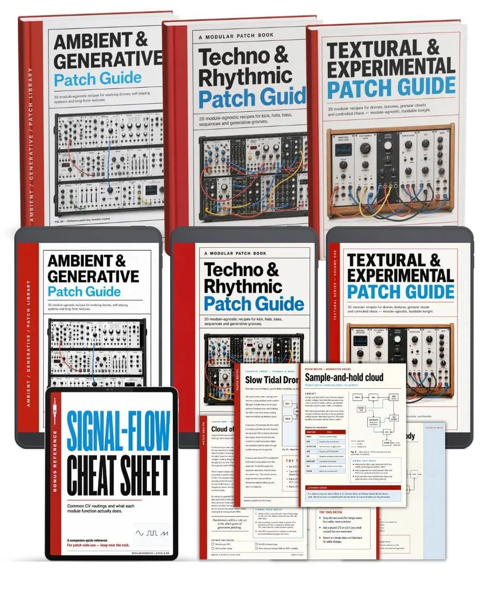 The Modular Patch System — three guide covers and the generator on a tablet beside a Eurorack case